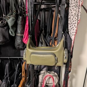 Coach Fin In Olive Green Leather Shoulder Bag with Silver Hardware